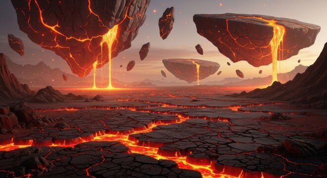 Futuristic Lava Landscape with Floating Islands and Erupting Volcanoes in Dramatic Sunset Scene