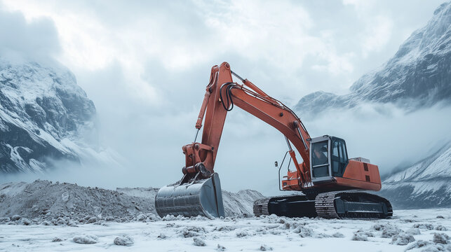 excavator in the snow mountains, tractor, machinery | Construction machinery and tractors working in snowy mountains | Tractor and excavator operating among snowy peaks