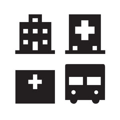 Obraz premium Set of four black medical icons representing healthcare services and transport silhouette