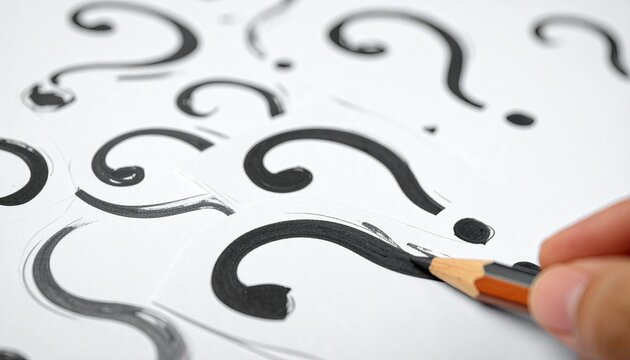 Hand Draws Question Marks on White Paper Surface with a Pencil