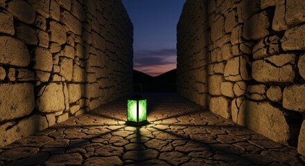 Mystical Green Illuminated Lantern Between Stone Walls at Sunset