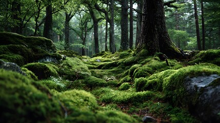 Obraz premium Enchanted forest floor completely covered in a thick, vibrant green carpet of undulating moss, with soft, diffused light filtering through the canopy.