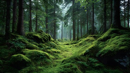 Fototapeta premium Enchanted forest floor completely covered in a thick, vibrant green carpet of undulating moss, with soft, diffused light filtering through the canopy.