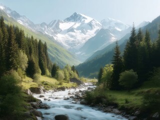 Obraz premium Mountain valley with flowing river, snow-capped peaks, and dense forest