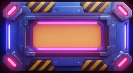 Futuristic metallic frame with glowing neon lights and hazard stripes