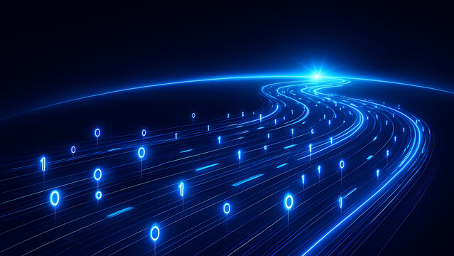 Sreaming data, binary data moving on a digital road - Digital Code road concept - 3d illustration. - Powered by Adobe