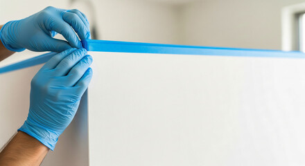 A professional painter in gloves applies masking tape to a large blank wall a preparation for painting and renovation services background with ample copy space