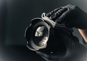 A photographer in soft gloves cleans the large front element of a camera lens a professional photography and equipment care background with copy space on a dark surface