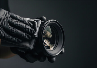 A photographer in soft gloves cleans the large front element of a camera lens a professional photography and equipment care background with copy space on a dark surface