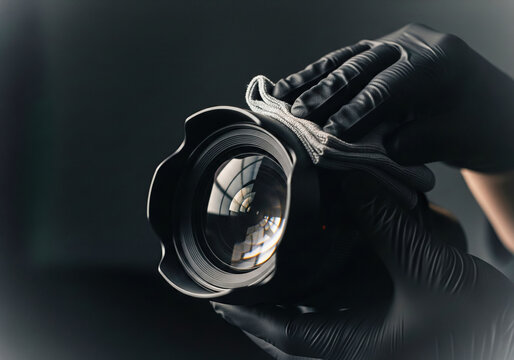 A photographer in soft gloves cleans the large front element of a camera lens a professional photography and equipment care background with copy space on a dark surface