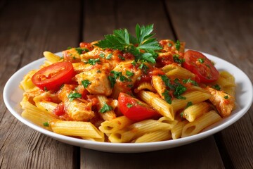 Pasta with tomato sauce chicken herbs and tomato halves on a white plate set on a wooden surface