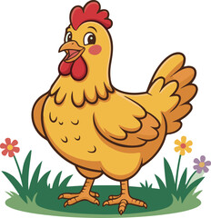 Cute cartoon chicken clucking in a field with flowers