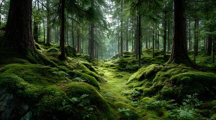 Obraz premium Enchanted forest floor completely covered in a thick, vibrant green carpet of undulating moss, with soft, diffused light filtering through the canopy.