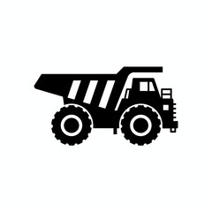 A bold black silhouette of a large, heavy-duty mining dump truck used for hauling materials in a quarry.