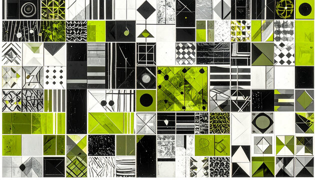 Digital grid of abstract geometric panels and shapes