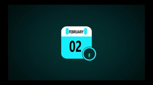 February month calendar animation on black background. Animated calendar icon showing the date february 2nd. Digital calendar design icon animation 4k video