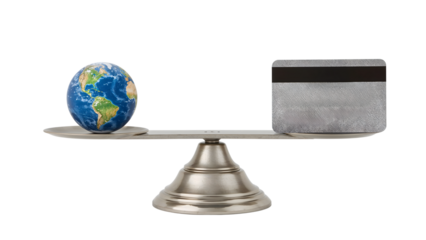 Earth and credit card balanced on scale representing global economy, finance, sustainability, and environmental impact