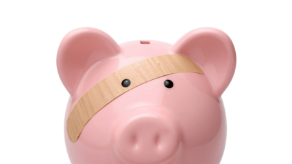 Pink piggy bank with bandage on head symbolizing financial struggles, savings crisis, money management, economic recovery