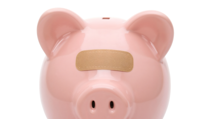 Pink piggy bank with bandage on forehead symbolizing financial recovery, savings crisis, economic healing, money management, and budget challenges