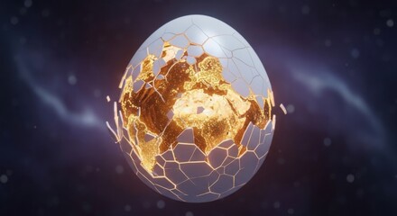 Futuristic Earth Globe with Glowing Golden Landmasses Cracked Shell in Space