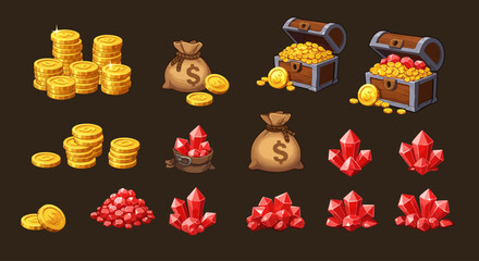 Cartoon graphic assets of gold coins, treasure chests, money bags, and red crystals, suitable for a game or digital design project.
