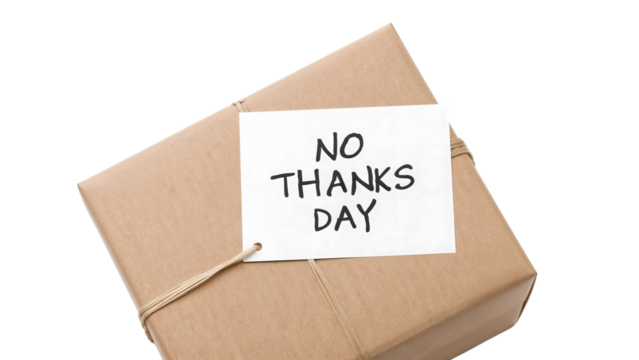 No thanks day concept with brown paper wrapped gift box and handwritten message card for anticonsumerism or minimalism theme