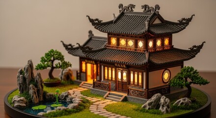 Obraz premium Traditional Asian Style Miniature Pagoda with Illuminated Windows in Garden Scene