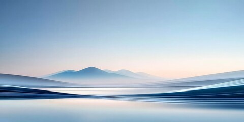 Serene landscape with calm water reflecting distant mountains under a clear sky