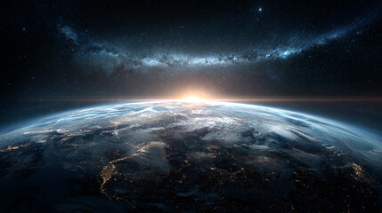 Fototapeta premium Stunning Earth sunrise view from space showing city lights and Milky Way galaxy