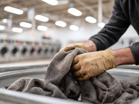 Gloved hands sorting laundry in a bright, clean laundromat. Symbolizes work, cleanliness, and care. Ideal for themes of service, industry, and routine tasks.