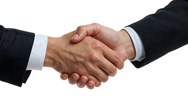 Business handshake agreement between two professionals in suits on the transparent background symbolizing partnership, trust, deal, and cooperation