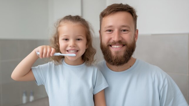 Happy father and daughter brushing teeth together in bathroom, promoting dental hygiene in a joyful family moment with bright smiles and blue shirts