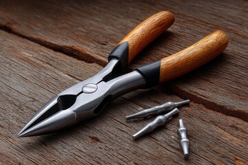 Pliers lay on aged wood beside metal objects