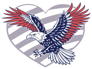 Majestic eagle with patriotic wings soars proudly against a heart emblem symbolizing freedom and nation.