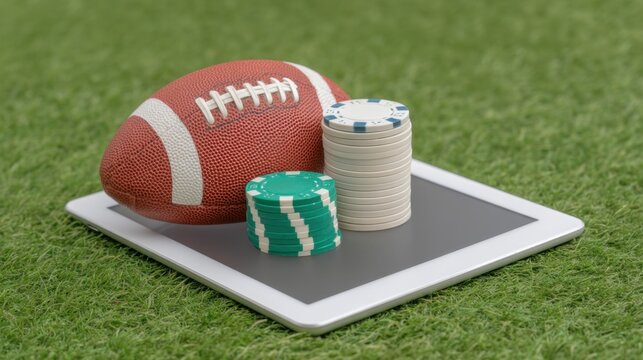 Digital gaming concept featuring a football, poker chips, and a tablet device on a green grass field for sports betting and online gambling themes