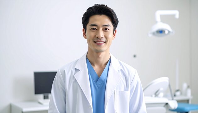 この写真は、若い日本人男性歯科医の肩上ポートレートです。
白衣を着用し、整った髪型と温かい笑顔で安心感を表現。
背景にはアイボリーの漆喰壁とぼんやりとした歯科チェアが映り、広いコピースペースを確保。
自然光で肌の質感を際立たせ、歯科広告や医療SNSプロフィールに最適です。