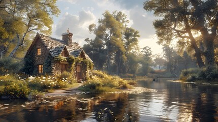 Fototapeta premium Modern rustic riverside cottage near blooming flowers high resolution picture