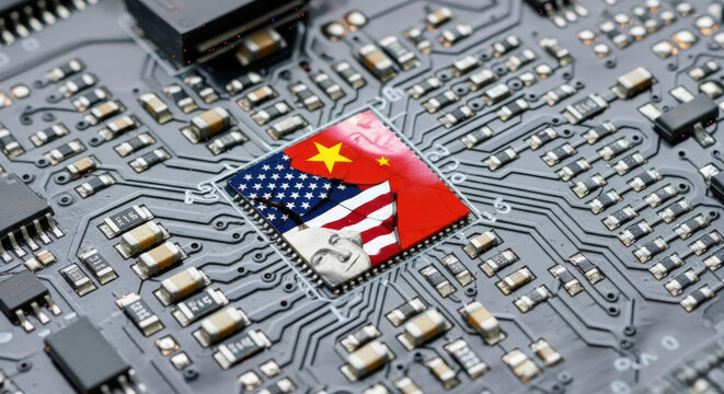 Geopolitical Tensions Reflected in a Microchip with Flags of the United States and China Symbolizing Trade Wars and Technological Competition in Semiconductors