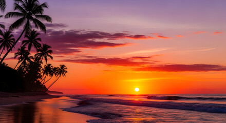 Dramatic tropical sunset over calm ocean with palm tree silhouettes and warm reflected light on shoreline