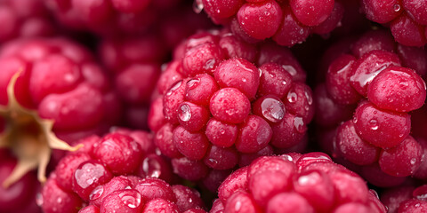 Macro photography of fresh ripe raspberries covered in water droplets, emphasizing detailed texture and deep red and burgundy tones