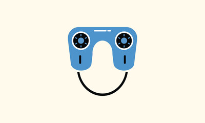 Cute cartoon vr headset character smiling with big eyes and black wire mouth on light yellow background
