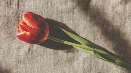 negative. A single red tulip in full bloom rests on beige linen, surrounded by soft shadows and negative space. gardening catalogs, home-decor guides, designed for home decor and floral branding.