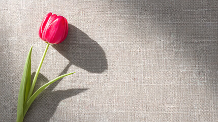negative. A single red tulip in full bloom rests on beige linen, surrounded by soft shadows and negative space. gardening catalogs, home-decor guides, designed for home decor and floral branding.