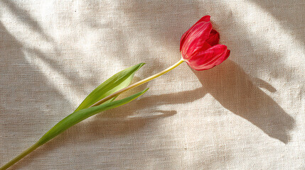 negative. A single red tulip in full bloom rests on beige linen, surrounded by soft shadows and negative space. gardening catalogs, home-decor guides, designed for home decor and floral branding.