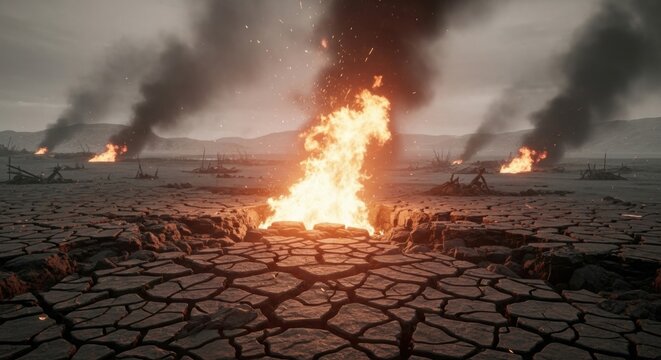 Desolate Earth with Cracked Ground and Explosive Fires in a War-torn Landscape