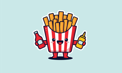 Cute cartoon illustration of a French fry box mascot holding a ketchup and mustard bottle. A fun and whimsical vector graphic for fast food, menus, and branding.