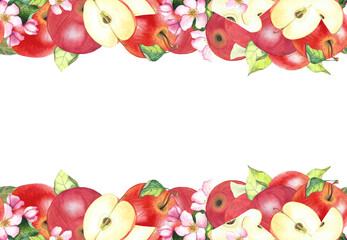 apples and apple slices, pink flowers, watercolor frame, illustration for packaging, design, invitations