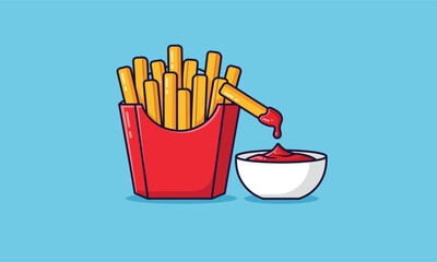 vector illustration of a red box of French fries with one fry dipping into a bowl of ketchup. A perfect graphic for food menus, apps, and fast food themes.