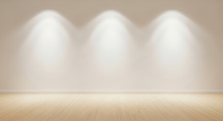 Illuminated Interior Space with Three Spotlights Casting a Warm Glow on a Smooth Wall and Light Wood Flooring Creating a Simple and Inviting Atmosphere