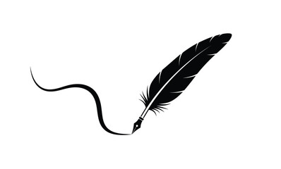 Minimalist black and white vector illustration of a vintage quill pen in motion, creating a flowing line. A graphic icon for writing, literature, and creativity.